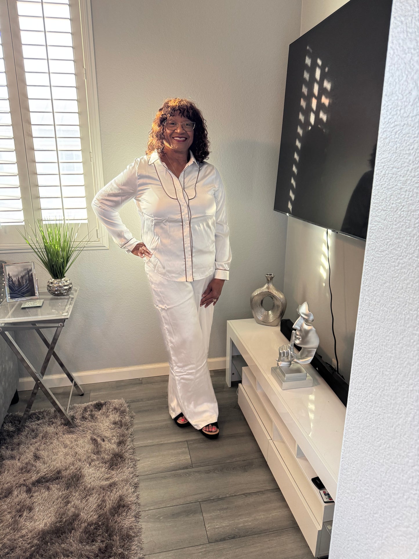 Ivory 2-Piece Pants Set with Brown Trim - Tall Girl Friendly