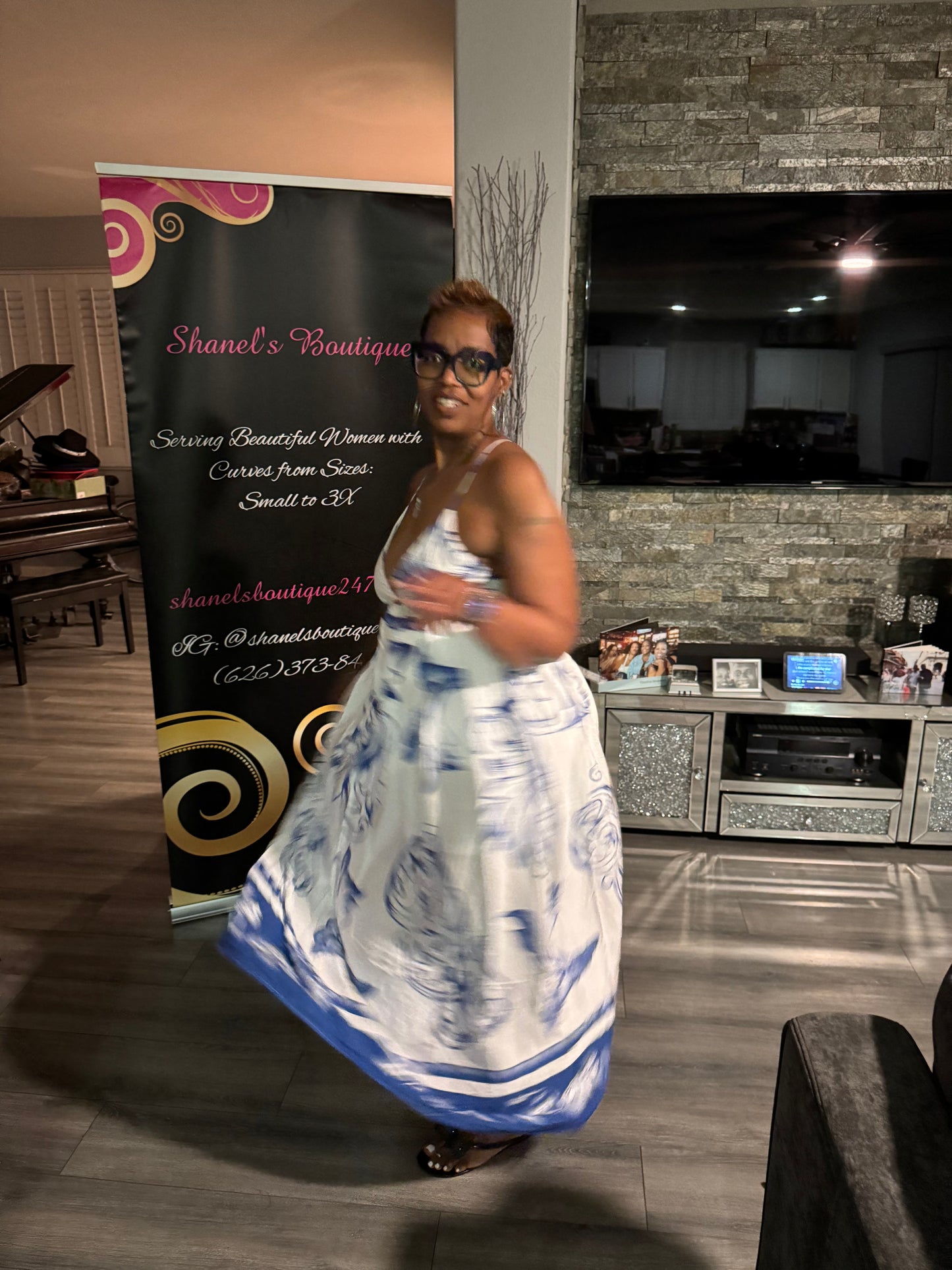 Off White & Navy Blue Print Maxi Dress