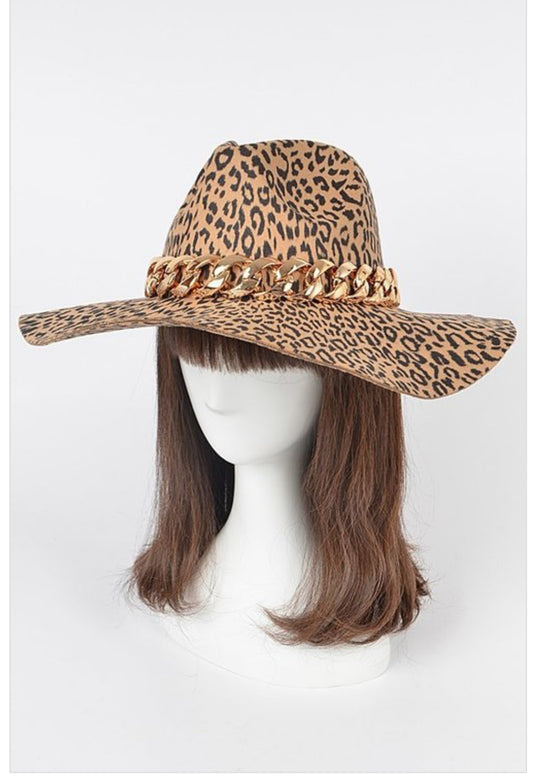 Leopard Faux Wool Hat With Oversized Chain