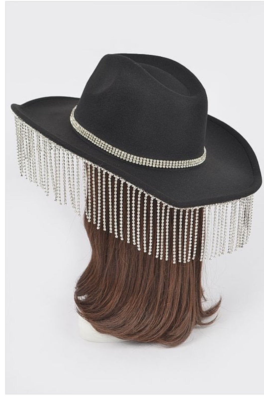 Faux Wool Rhinestone Fringe Cowboy Hat