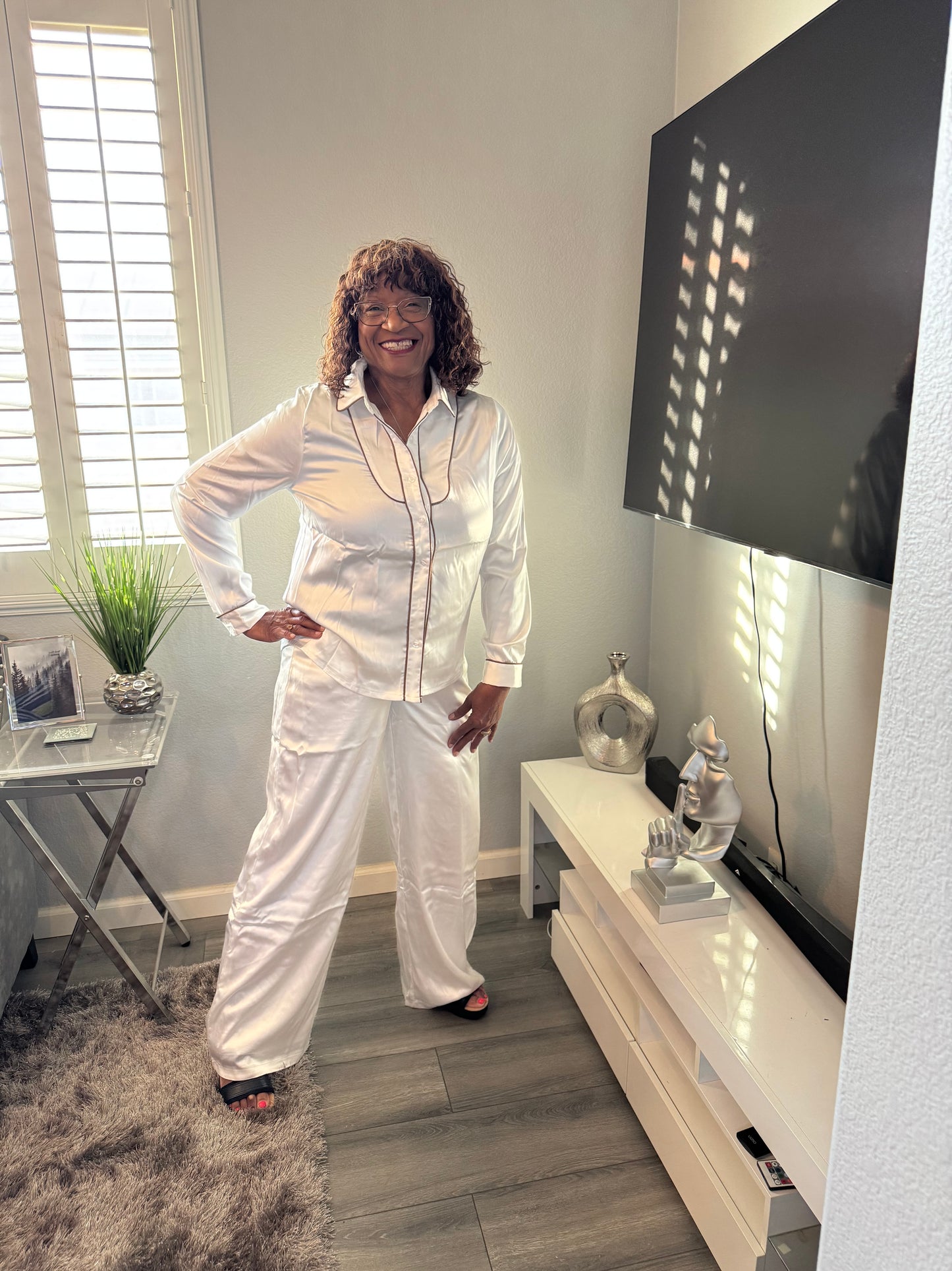 Ivory 2-Piece Pants Set with Brown Trim - Tall Girl Friendly