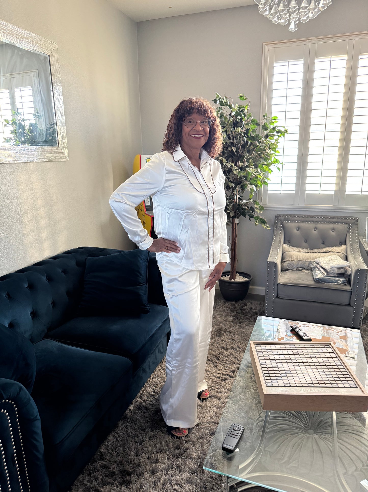 Ivory 2-Piece Pants Set with Brown Trim - Tall Girl Friendly