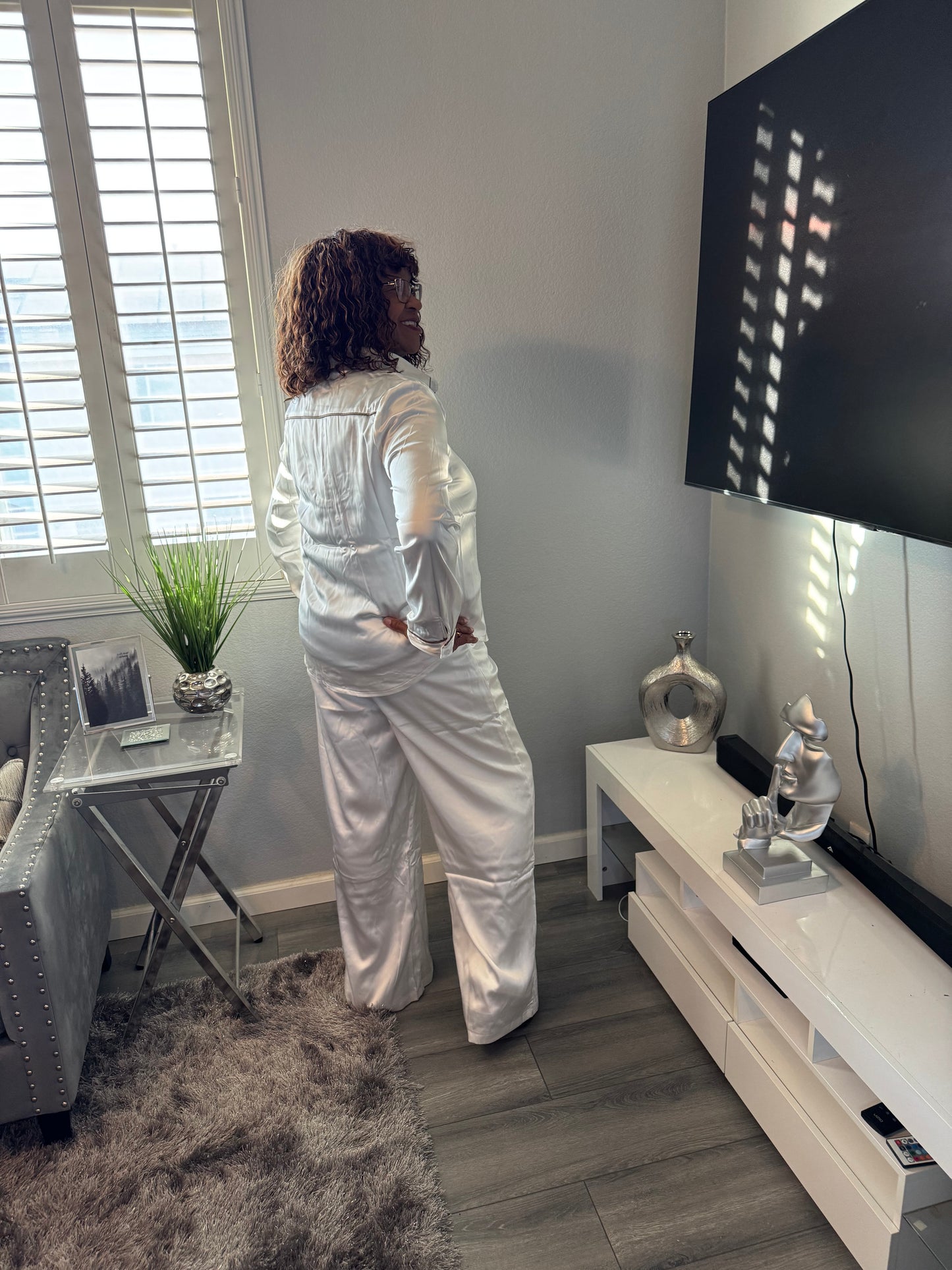 Ivory 2-Piece Pants Set with Brown Trim - Tall Girl Friendly