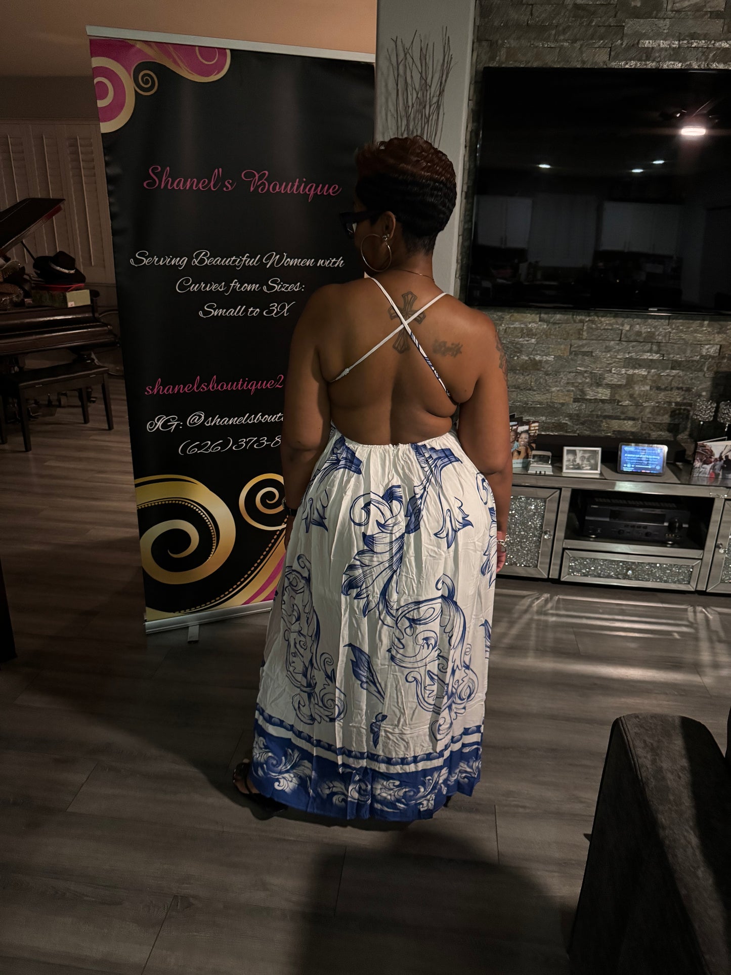 Off White & Navy Blue Print Maxi Dress