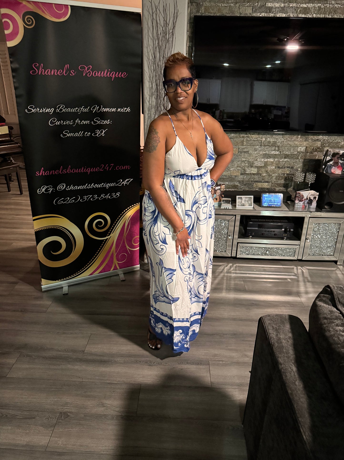 Off White & Navy Blue Print Maxi Dress