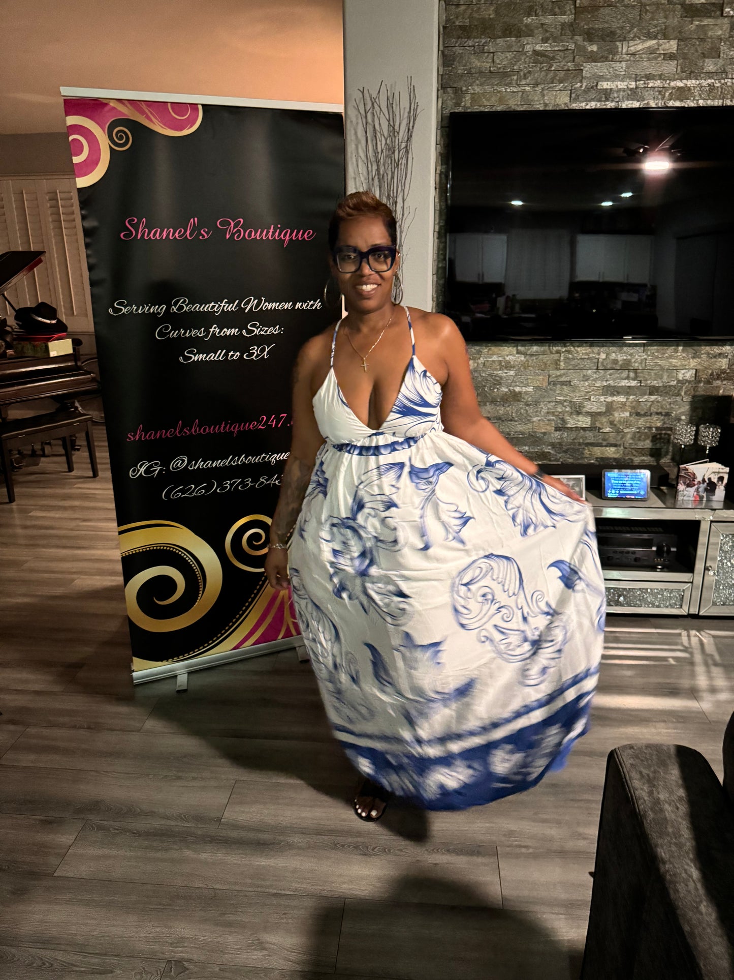Off White & Navy Blue Print Maxi Dress