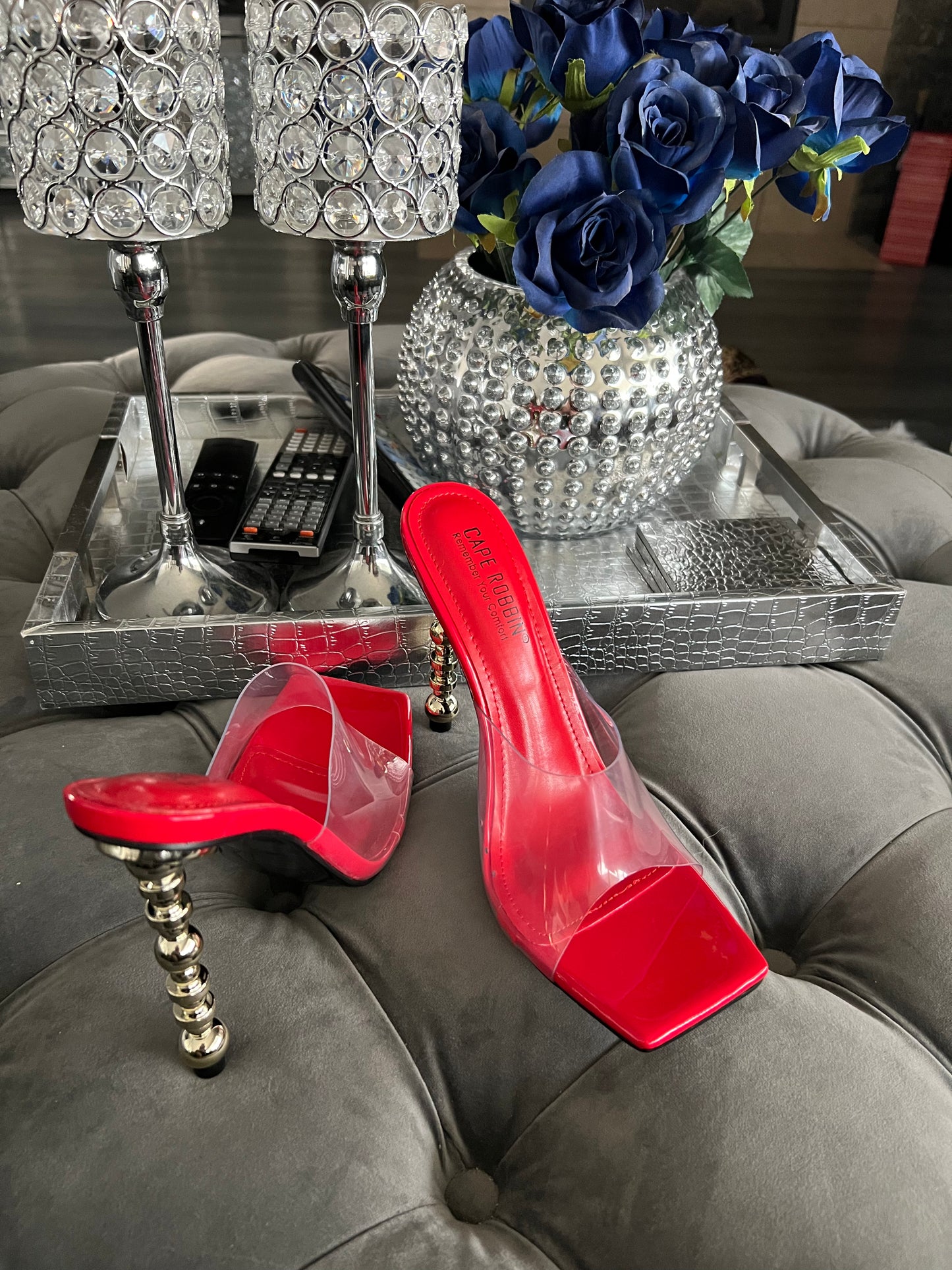 Red top clear sandals